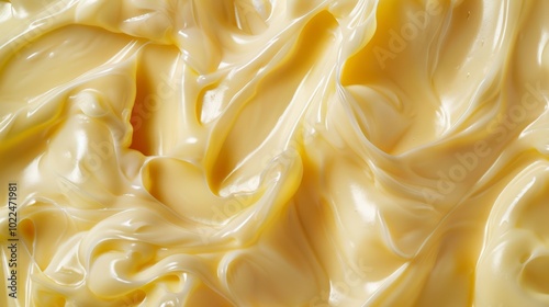 Close up of the texture of mayonnaise background, top view. Photorealistic high resolution macro photography for advertising or food design.