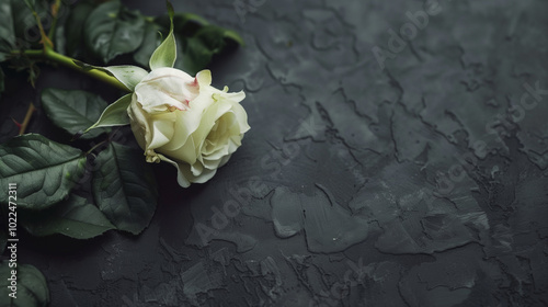 Single White Rose on Black Background, Symbolizing Mourning and Remembrance for Celebrity's Passing, Slightly Wilted for Somber Emphasis