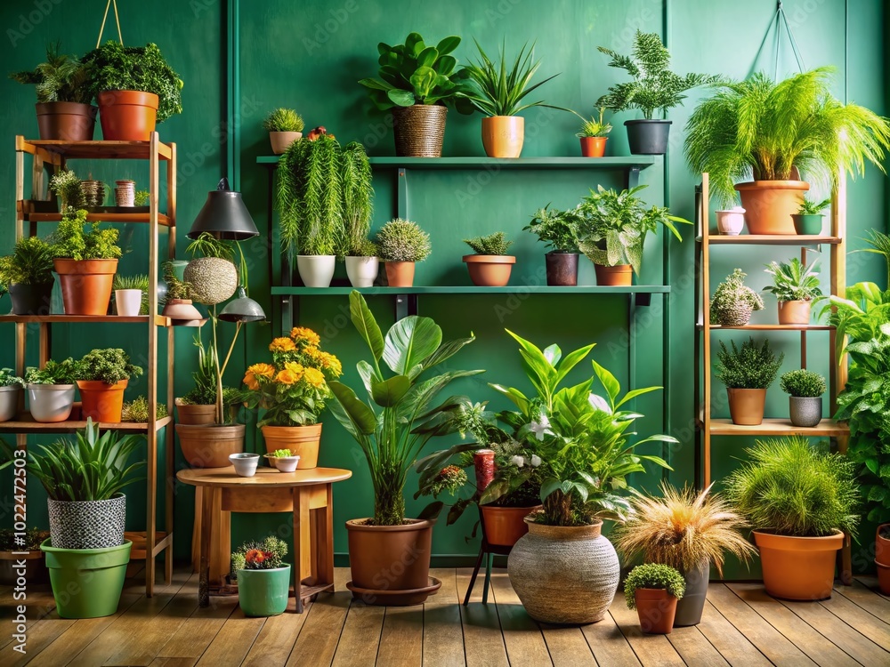 Stylish Home Garden Interior with Lush Plants in Unique Pots - Home Jungle Concept