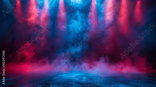 Colorful Spotlight on Atmospheric Stage with Smoke and Red Walls for Dramatic Product Display