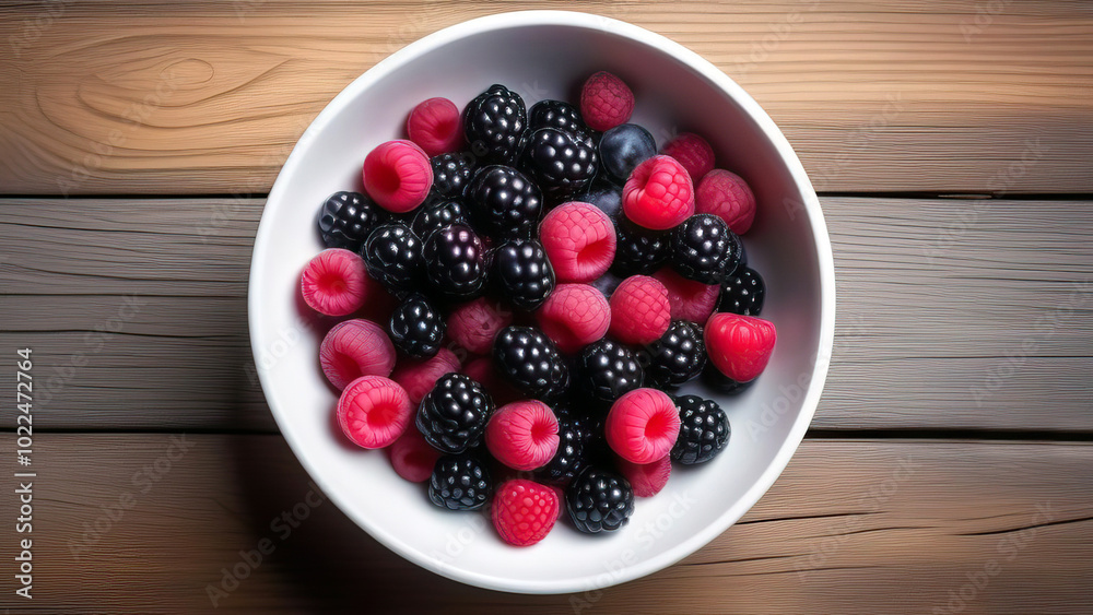 Organic Blueberries and Raspberries in Ceramic Bowl on Rustic Wood Organic Blueberries and Raspberries in Ceramic Bowl on Rustic Wood