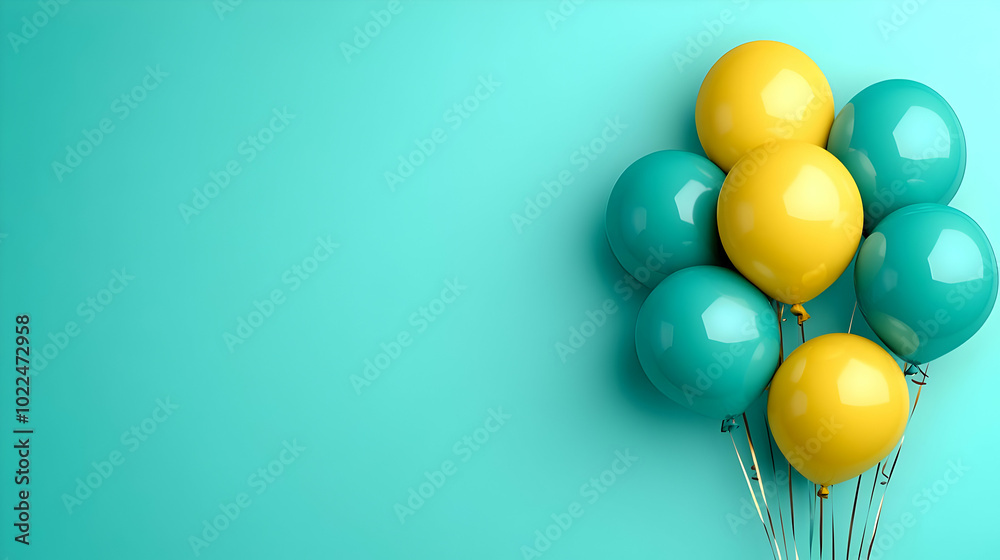 A Bunch of Teal and Yellow Balloons Floating in the Air Against a Mint Green Background A Bunch of Teal and Yellow Balloons Floating in the Air Against a Mint Green Background