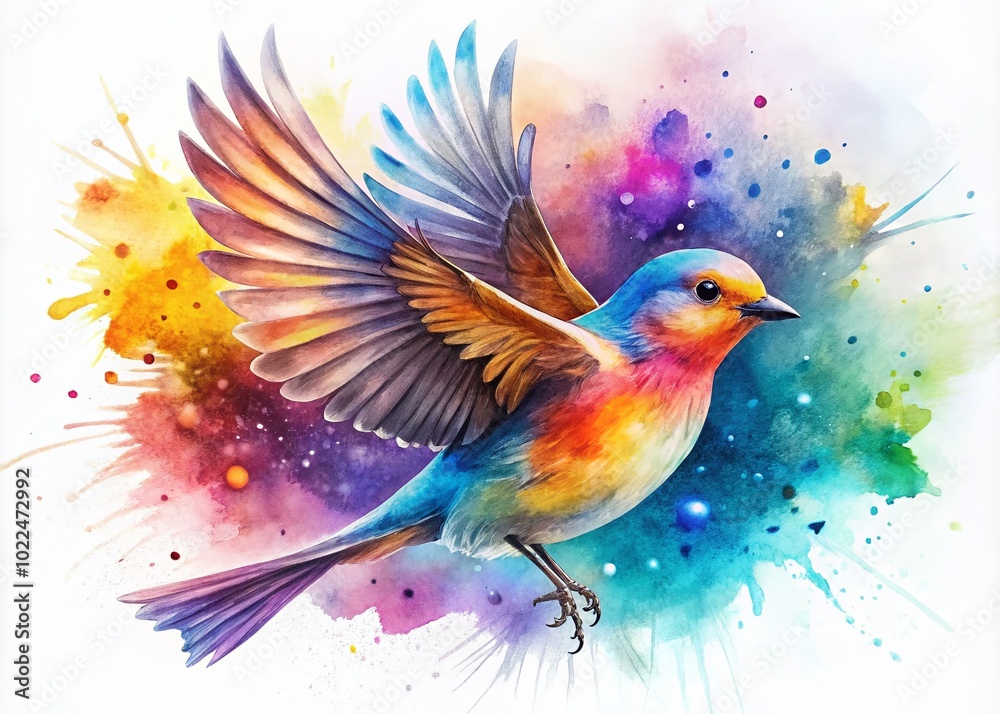 Obraz premium Stylized Bird Vector Illustration with Watercolor Splashes - Flying Bird Silhouette Clipart
