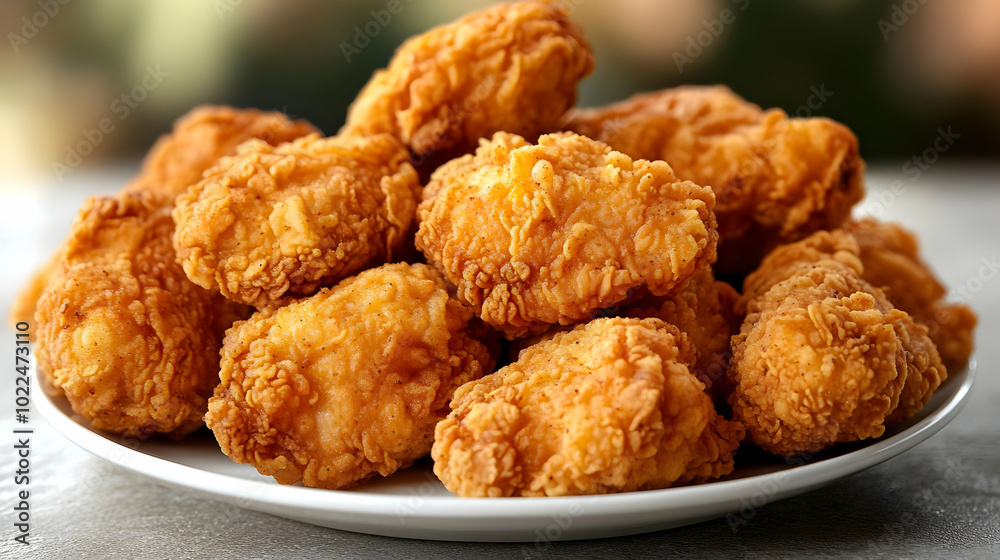 Close-up Photo of Crispy Fried Chicken Nuggets on a White Plate, Showing Golden Brown Crust and Delicious Appetizing Appearance Close-up Photo of Crispy Fried Chicken Nuggets on a White Plate, Showing Golden Brown Crust and Delicious Appetizing Appearance