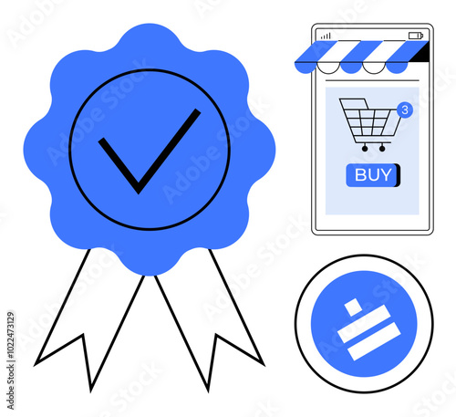 A checkmark badge, a shopping cart on a smartphone screen, and a secure transaction symbol Ideal for themes like online security, e-commerce, quality assurance, digital transactions, and trustworthy