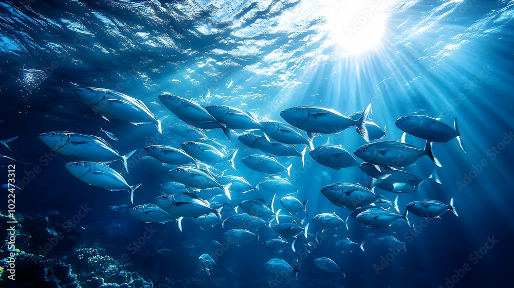 Fototapeta premium A School of Fish Swimming Through the Blue Ocean Water With Sunlight Rays Shining Down