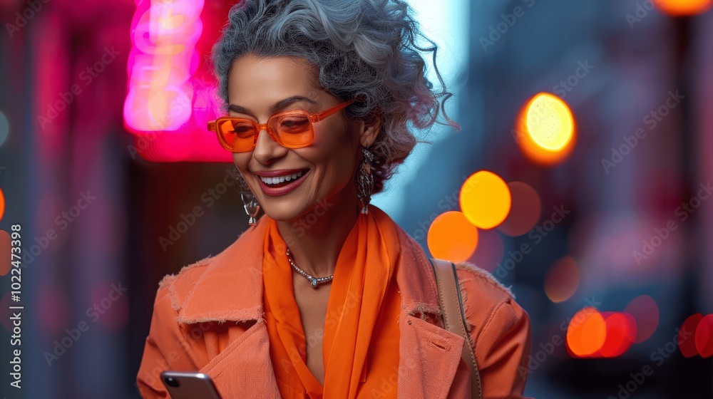 Night portrait of a happy mixed race woman in business casual smiling at phone under bokeh lights Night portrait of a happy mixed race woman in business casual smiling at phone under bokeh lights