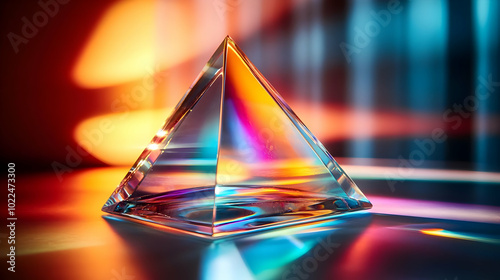 A Clear Glass Pyramid Reflecting Rainbow Colors Under Colorful Lighting