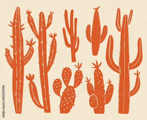 Desert Western Cactus Boho Minimal Botanical Vector Illustration Set 