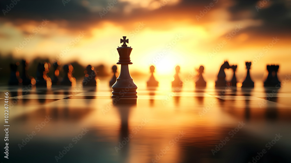 A Single Black King Chess Piece Stands Tall on a Chessboard with a Golden Sunset Background A Single Black King Chess Piece Stands Tall on a Chessboard with a Golden Sunset Background