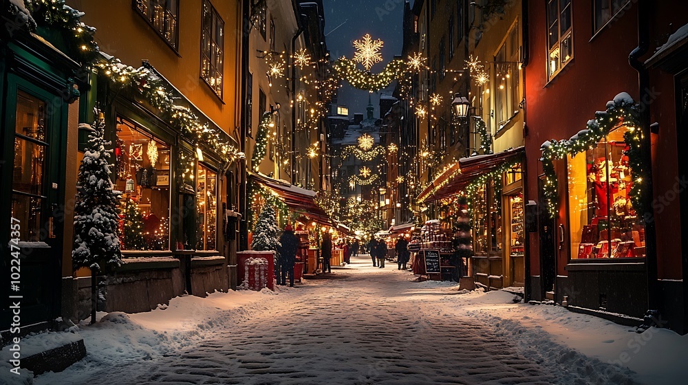 A charming view of Gamla Stan, Stockholm, during Christmas, the narrow streets illuminated with soft golden lights, the historic buildings adorned with red and green holiday decorations. A charming view of Gamla Stan, Stockholm, during Christmas, the narrow streets illuminated with soft golden lights, the historic buildings adorned with red and green holiday decorations.
