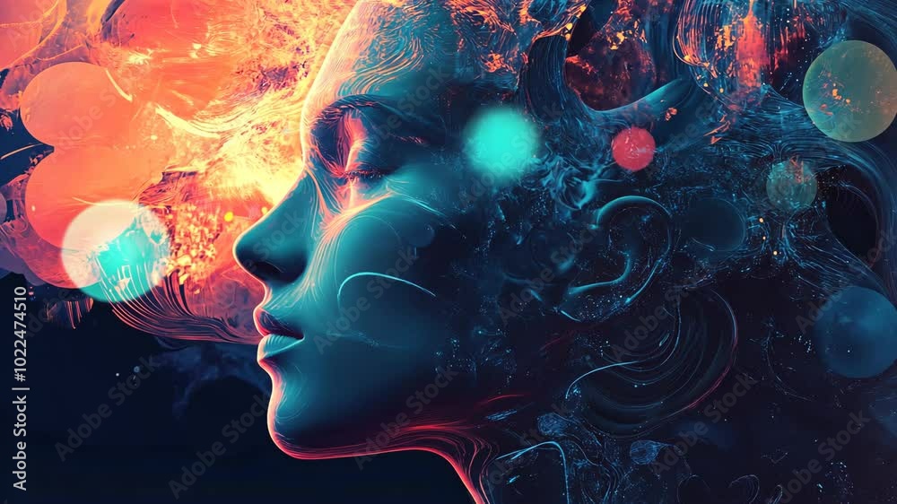 A digital portrait of a woman with closed eyes surrounded by swirling abstract colors and shapes A digital portrait of a woman with closed eyes surrounded by swirling abstract colors and shapes