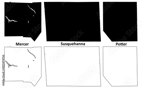 Mercer, Susquehanna and Potter County, Commonwealth of Pennsylvania (U.S. county, United States of America, USA, U.S., US) map vector illustration, scribble sketch map