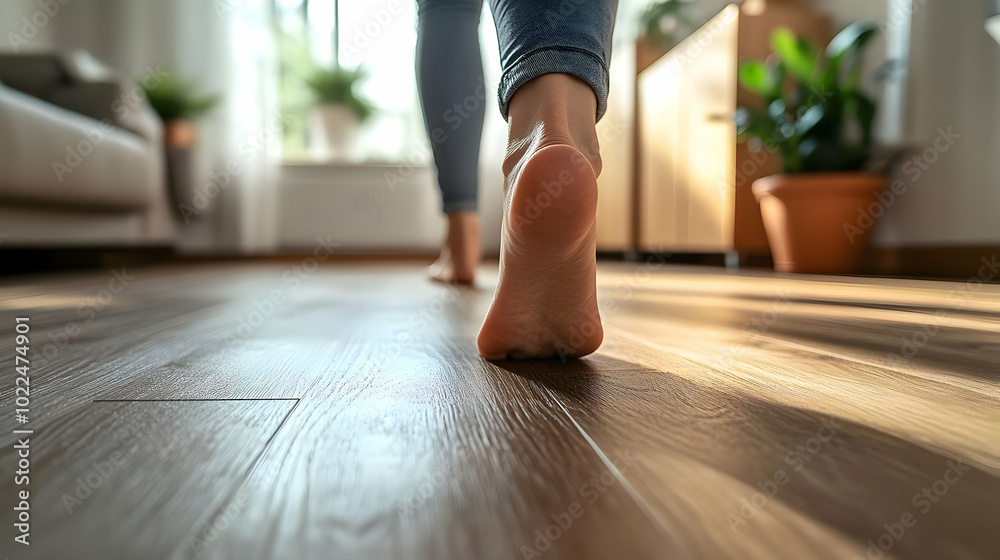 Close-up of Bare Feet Walking on a Light Wooden Floor with Sunlight Streaming Through a Window