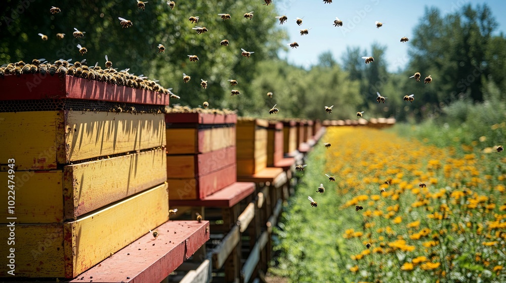 Beehives and Honey Bees in a Garden Beehives and Honey Bees in a Garden