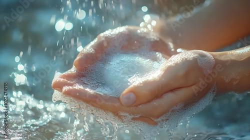 Close-up of Hands Cupping Water with Bubbles, Captured in a Splash of Sunlight and Rain, Creating a Dreamy and Tranquil Aesthetic