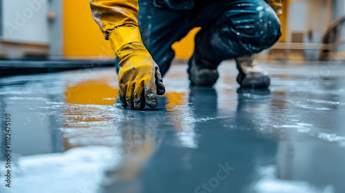 Closeup of a Worker's Hand in Yellow Gloves Testing the Wet Concrete Floor, Ensuring Smoothness and Proper Application During Construction