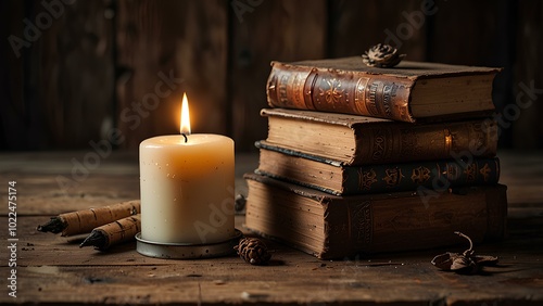 Old Books and Burning Candles on a Rustic Wooden Table: Cozy Vintage Scene with Warm Atmosphere photo