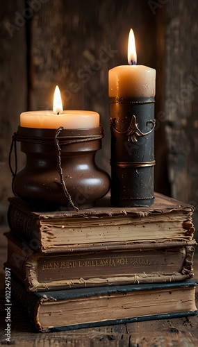 Old Books and Burning Candles on a Rustic Wooden Table: Cozy Vintage Scene with Warm Atmosphere photo