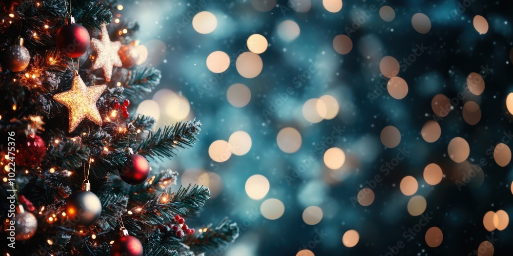 Christmas tree with decorations and sparkling fairy lights, with fairy lights bokeh in background, copy space, Merry Christmas background, holiday decor ad, festive showcase Christmas tree with decorations and sparkling fairy lights, with fairy lights bokeh in background, copy space, Merry Christmas background, holiday decor ad, festive showcase