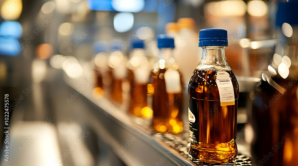 Close-up View of Glass Bottles Filled with Amber Liquid on a Conveyor Belt in a Factory Setting Close-up View of Glass Bottles Filled with Amber Liquid on a Conveyor Belt in a Factory Setting
