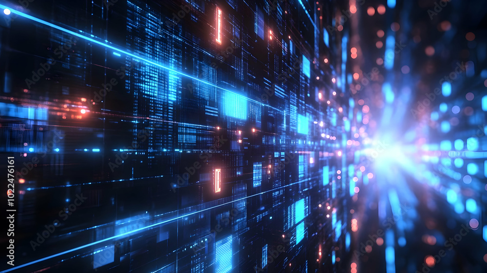 Abstract Digital Background with Glowing Blue and Orange Lines and Squares, Representing Data Flow and Network Connections Abstract Digital Background with Glowing Blue and Orange Lines and Squares, Representing Data Flow and Network Connections