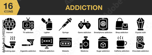 Addiction solid icon set. Includes caffeine, chocolate, cigarette, crystal meth, game, and More. Solid icons vector collection.