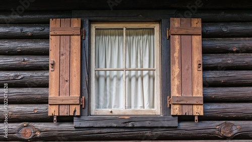 weathered wooden window set in a dark brown, rough-hewn log cabin wall, with visible vertical grooves and horizontal ridges, showcasing its age and wear.