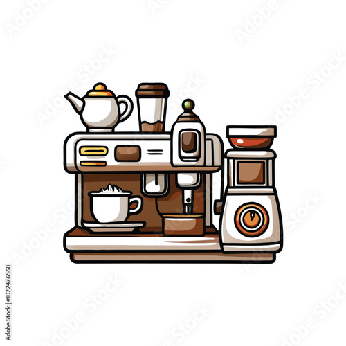 A cartoon illustration of a home coffee bar setup featuring an espresso machine, a coffee grinder, a teapot, and a cup of coffee.