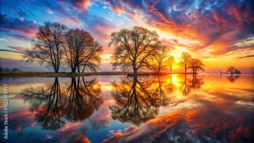 Surreal Sunset Over Mystical Trees by Tranquil Waters in Double Exposure Photography