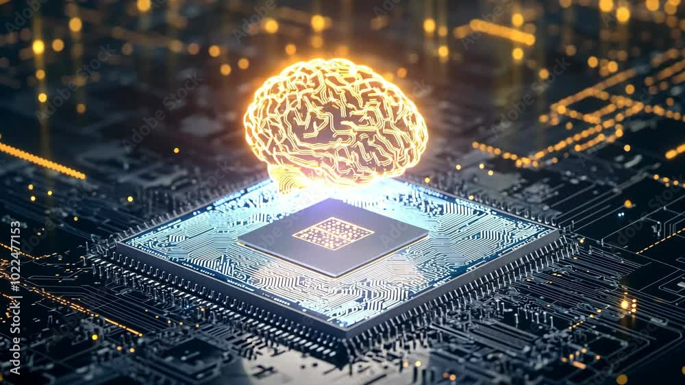 A glowing brain hovers above a computer chip, symbolizing the power of artificial intelligence