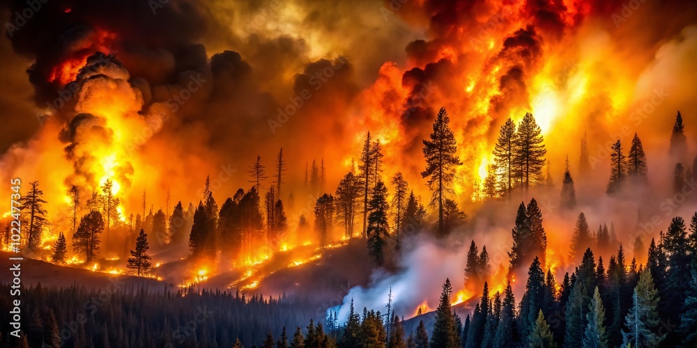 Surreal Wildfire Devastation: Forest in Flames Illuminates the Night Sky Surreal Wildfire Devastation: Forest in Flames Illuminates the Night Sky