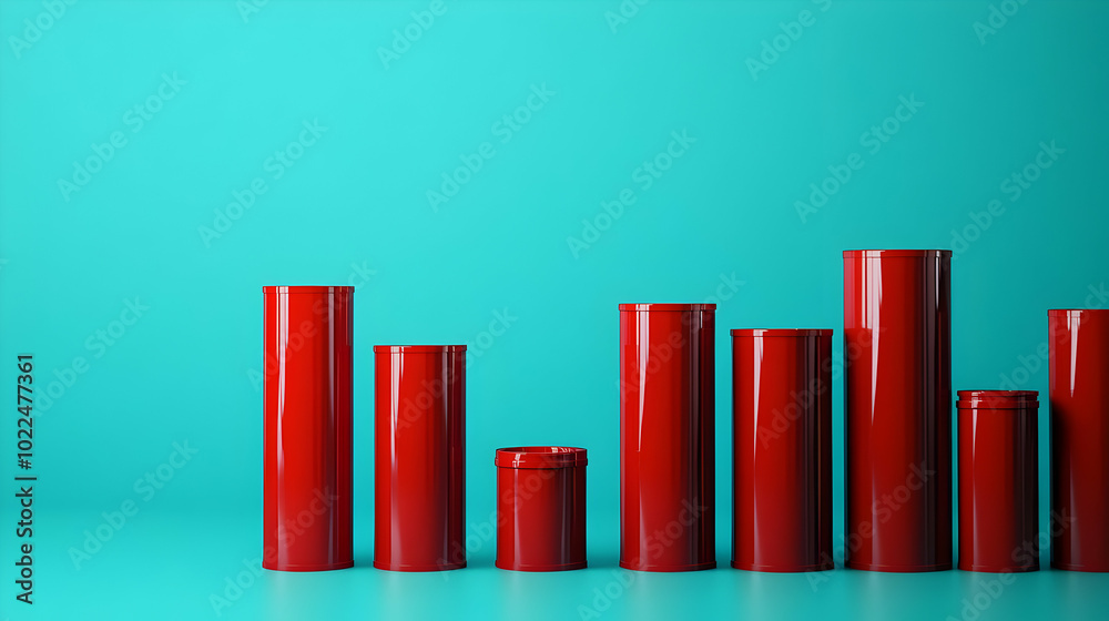 Red Cylinders Arranged in a Row on a Teal Background, a Simple Minimalist 3D Rendered Image Red Cylinders Arranged in a Row on a Teal Background, a Simple Minimalist 3D Rendered Image