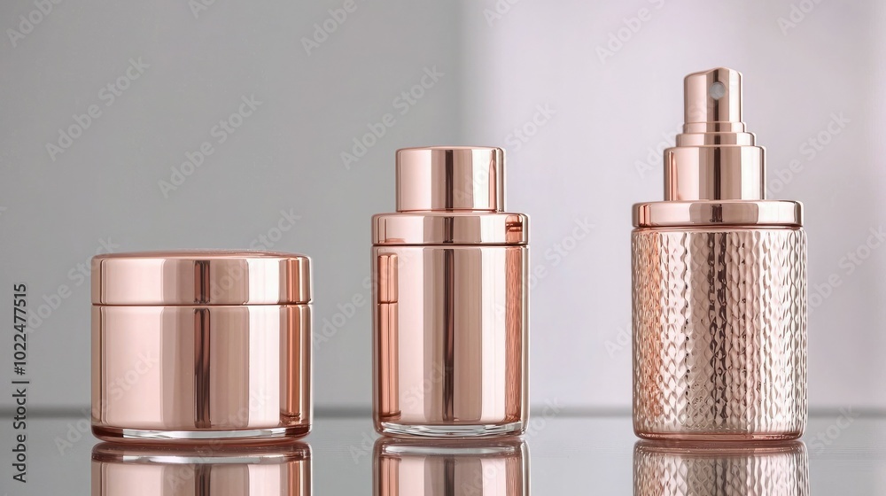Elegant rose gold cosmetic containers displayed on a reflective surface, perfect for showcasing beauty and skincare products.
