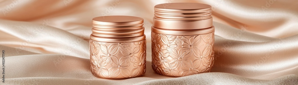 Elegant rose gold jars on smooth satin fabric, perfect for luxury cosmetics or spa products. Ideal for aesthetic and beauty themes. Elegant rose gold jars on smooth satin fabric, perfect for luxury cosmetics or spa products. Ideal for aesthetic and beauty themes.