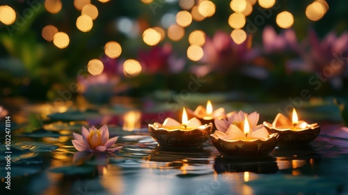 Golden diyas floating in a lotus-shaped water vessel, placed in a garden filled with twinkling fairy lights and garlands of flowers in the background. Copy space, Indian traditional festival happy photo