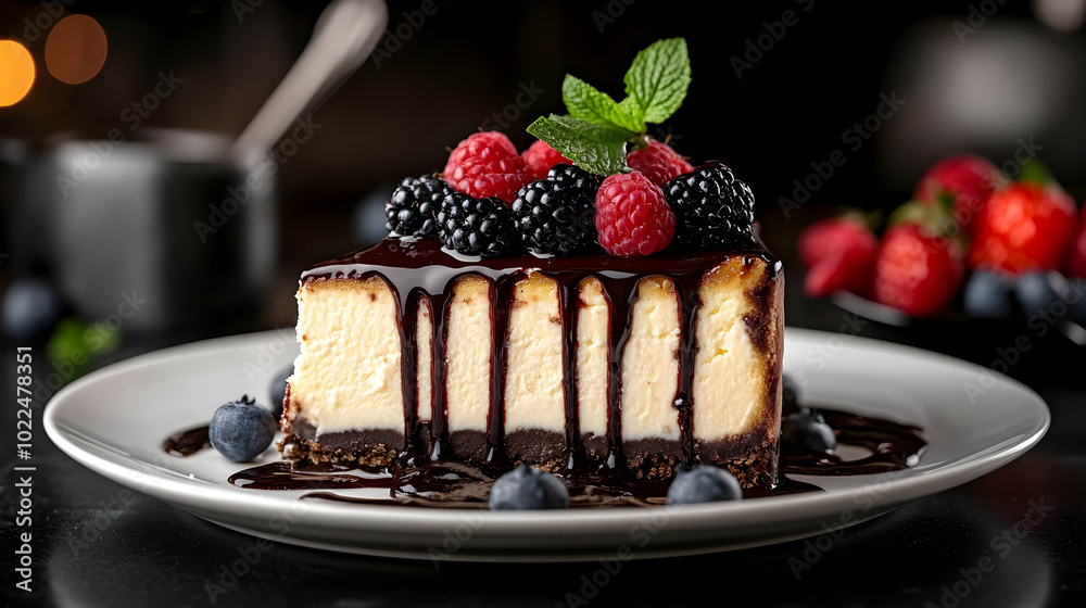 A Slice of Cheesecake Topped with Chocolate Sauce and Fresh Berries on a White Plate A Slice of Cheesecake Topped with Chocolate Sauce and Fresh Berries on a White Plate