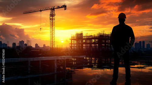 Silhouette of a Construction Worker Standing on a Partially Built Structure at Sunset with a Crane in the Background