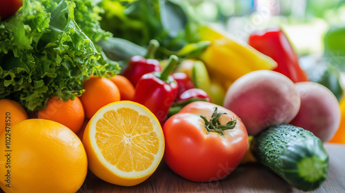 Close-up of vibrant fresh vegetables and fruits on wooden table, symbolizing healthy blood pressure foods, emphasizing natural nutrition and wellness.