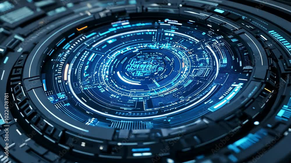 A close-up of a futuristic digital interface with glowing blue circles and lines A close-up of a futuristic digital interface with glowing blue circles and lines