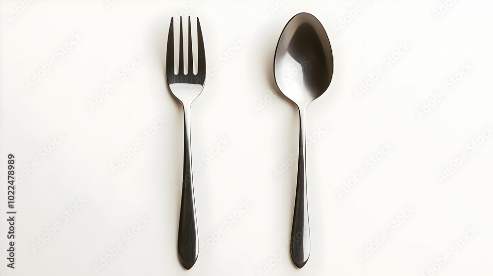 A Fork and Spoon Lying on a White Surface in a Simple Minimalist Photograph A Fork and Spoon Lying on a White Surface in a Simple Minimalist Photograph