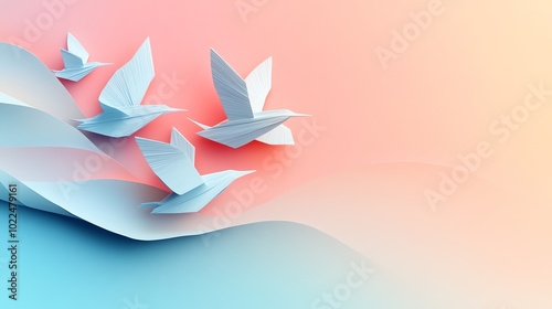 Abstract paper cut origami birds forming a dynamic composition against a gradient background, paper cut birds, origami abstract