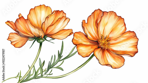 Watercolor Illustration of Two Orange Cosmos Flowers with Green Stems on a White Background