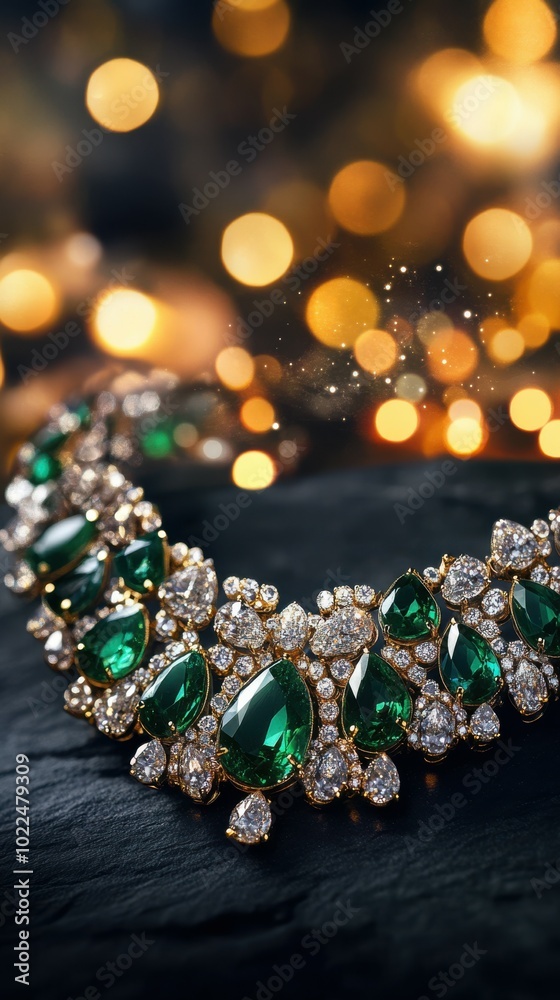 Luxurious emerald and diamond necklace, on rich charcoal gray background with radiant sparkles, with festive lights bokeh in background, Copy space, happy Diwali background, traditional, Indian Luxurious emerald and diamond necklace, on rich charcoal gray background with radiant sparkles, with festive lights bokeh in background, Copy space, happy Diwali background, traditional, Indian