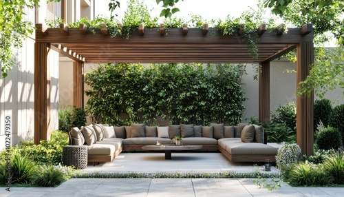 Greenery-laden modern outdoor patio with plush seating under a wooden pergola.