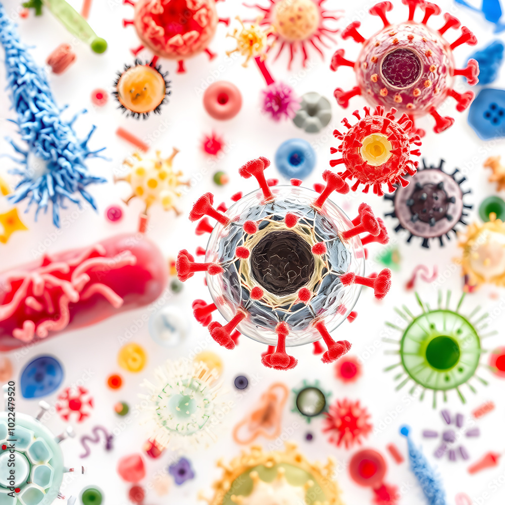 Fototapeta premium Imiginary virus cells or bacteria molecule. View of a virus under a microscope, infectious disease