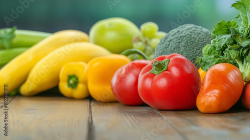 Close-up of vibrant fresh vegetables and fruits on wooden table, symbolizing healthy blood pressure foods, emphasizing natural nutrition and wellness.