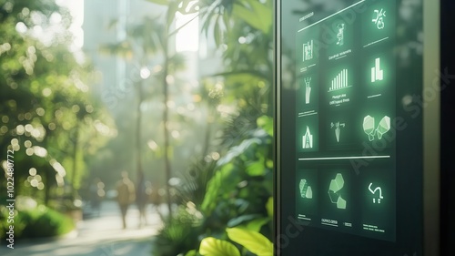 Eco smart city sutainable concept. Digital displays tracking carbon footprint in a public park in a futuristic eco-city selective focus on sustainability data climate awareness