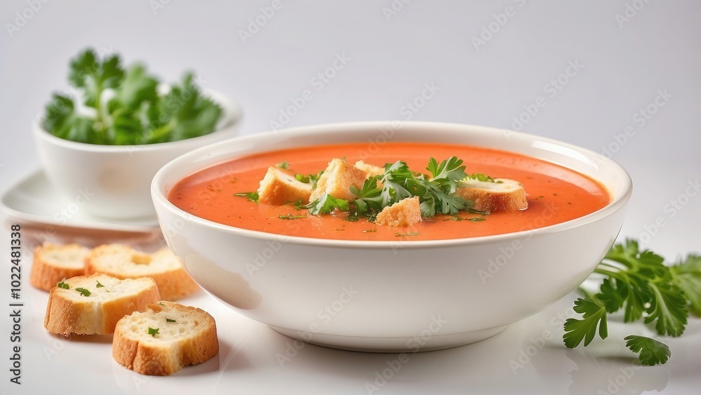 A hearty bowl of creamy tomato soup with croutons and parsley garnish, steaming hot, isolated on white background. A hearty bowl of creamy tomato soup with croutons and parsley garnish, steaming hot, isolated on white background.