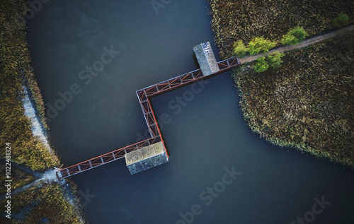 Sorae Wetland Ecological Park, Namdong-gu, Incheon, Korea - October 19, 2019: Aerial view of ecology walking trails and bird watchtowers on wetlands  photo